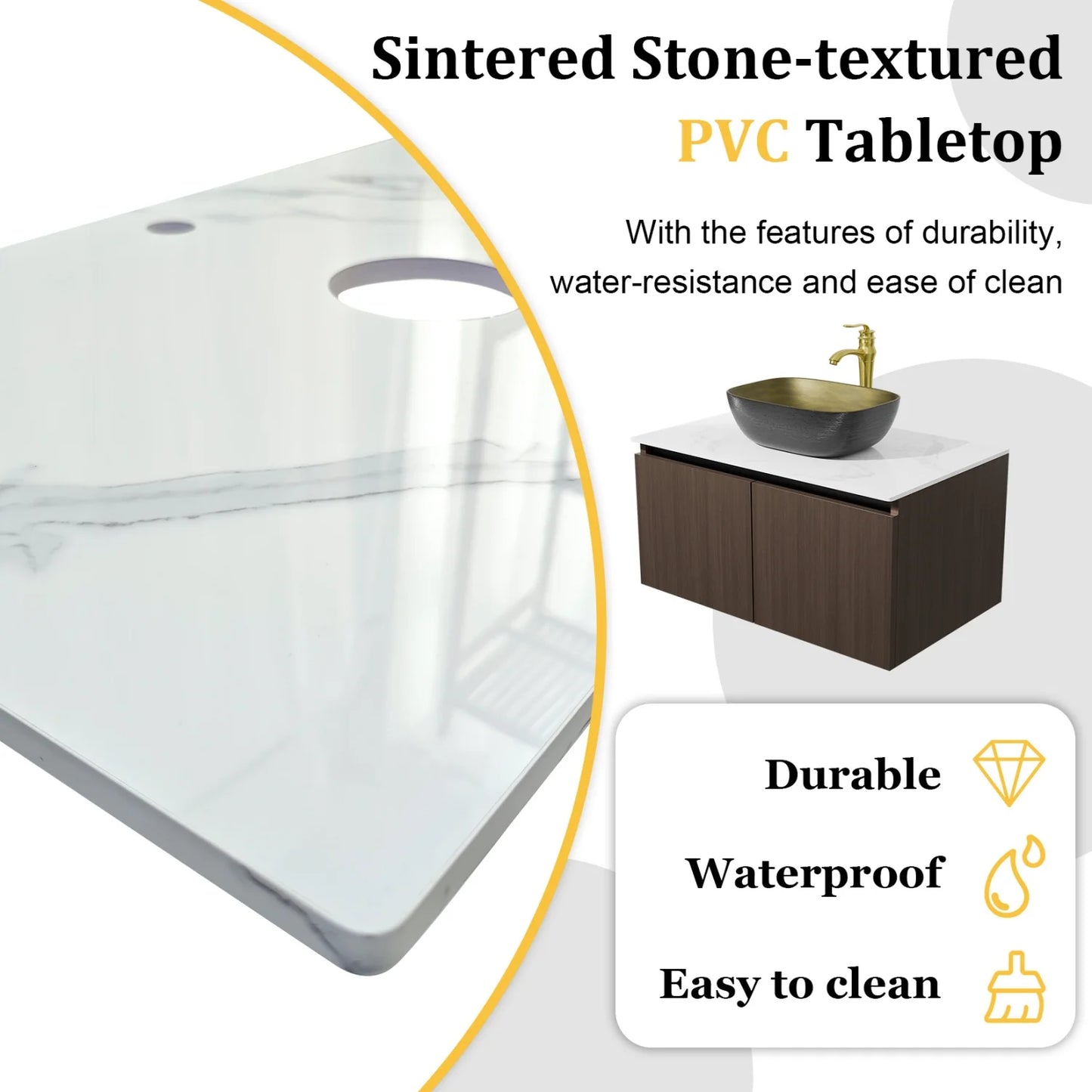 80/100/120CM Modern Floating Bathroom Vanity Sink Combo Wall Cabinet Set Ceramic Basin Stone Top Faucet and Flexible Hoses