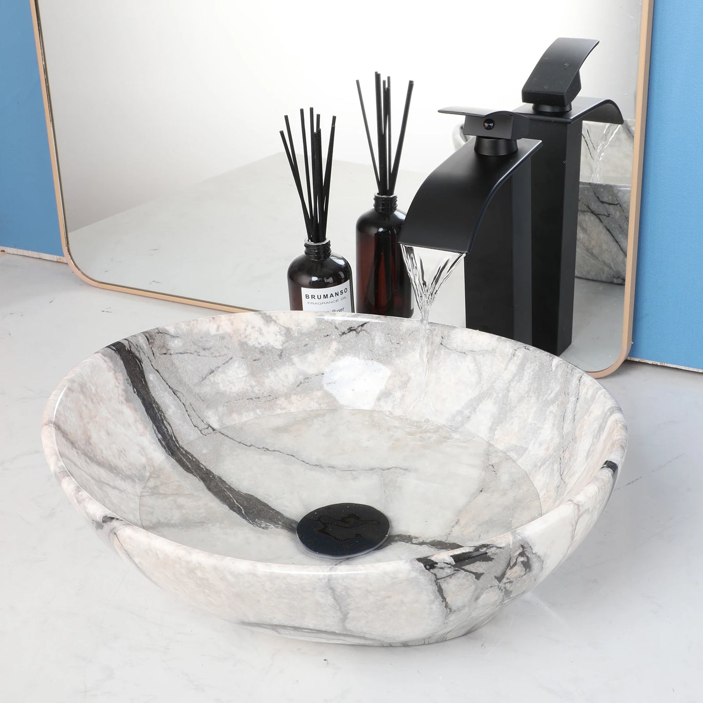 KEMAIDI Oval Vessel Sink with Faucet White Marbling Bathroom Vessel Sinks Above Counter  Ceramic Vessel Sinks for Bathroom Mixer