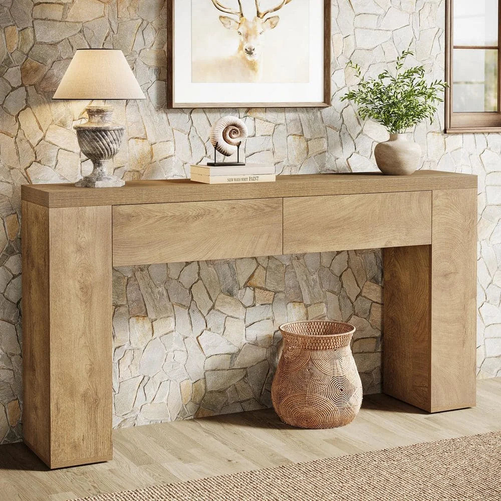 Wood Console Table With Two Drawers And Sturdy Pedestal