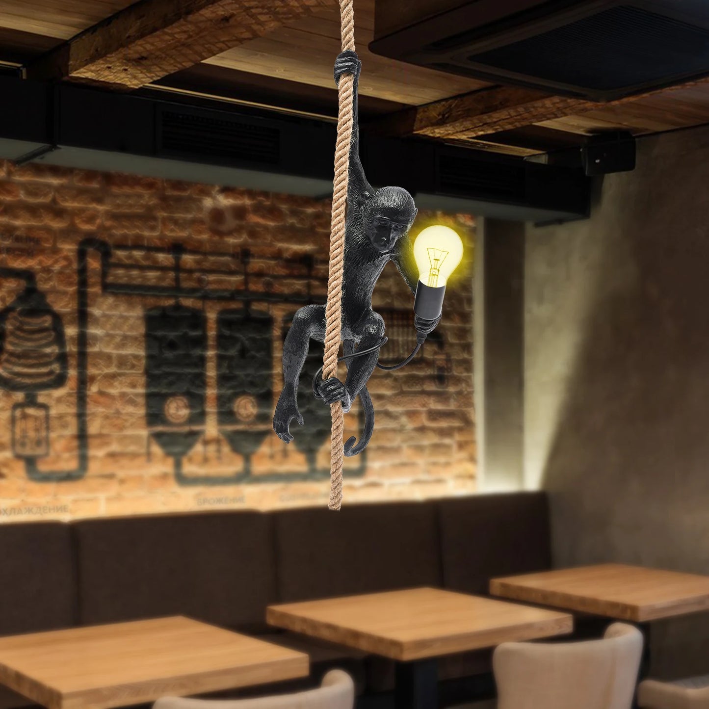 Monkey Pendant Light With Adjustable Hemp Rope And Resin Detail