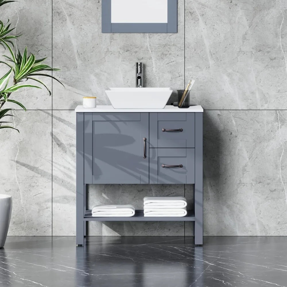 30" Gray Bathroom Vanity Sink Combo Modern Single Vessel Sink Bathroom Cabinet with 2 Drawer, Chrome Faucet, Drain, Mirror, Free