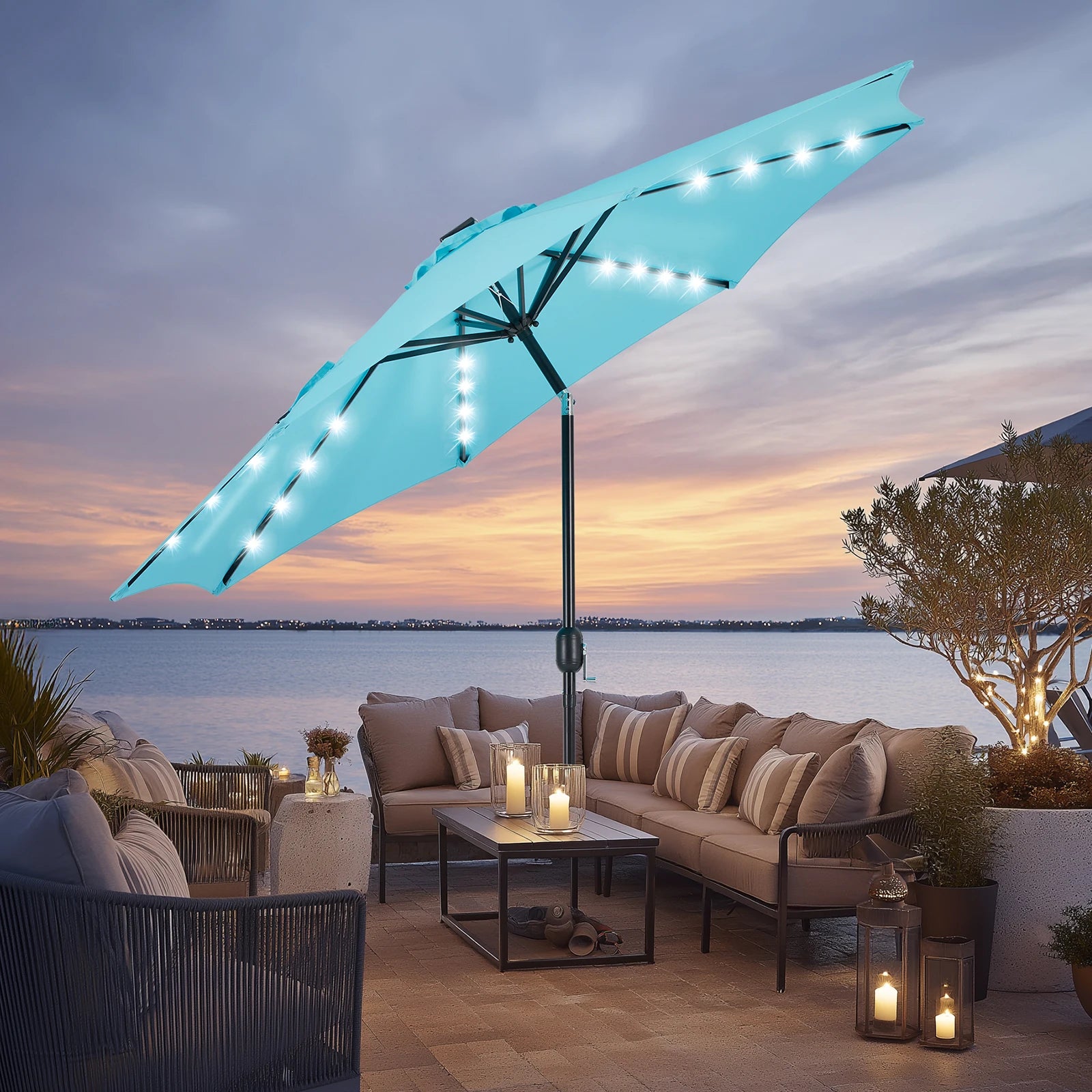 JHK 10ft Outdoor Solar Patio Umbrella With UV Resistant 32 LED Lights And Tilt