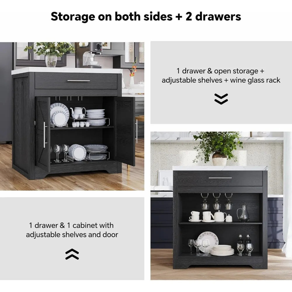 LZJV Farmhouse Rolling Kitchen Island With Extendable Table For 4-6