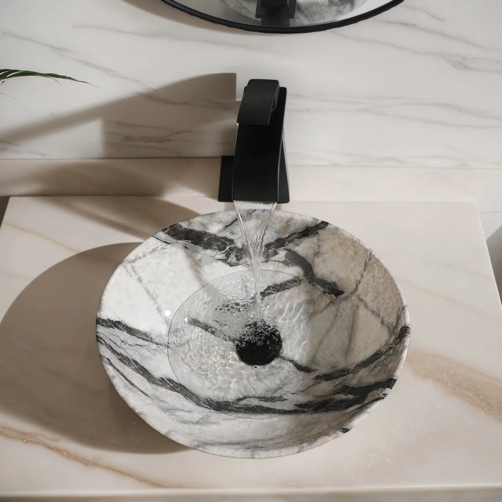 KEMAIDI Oval Vessel Sink Ceramic Bathroom Sink with Waterfall Faucet Bowl Sink White Black Marble Bathroom Sinks Above Counter