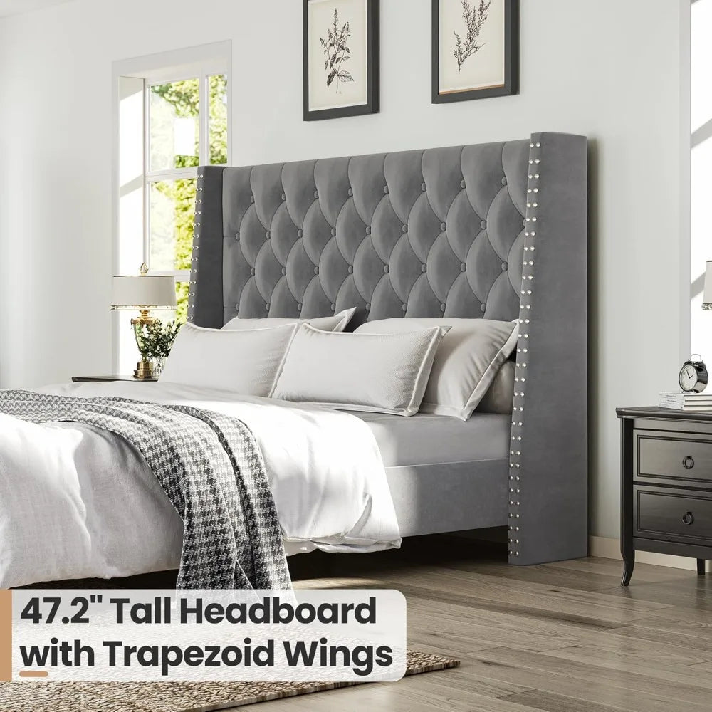 ANGDUO Velvet Wingback Platform Bed Frame With Slats