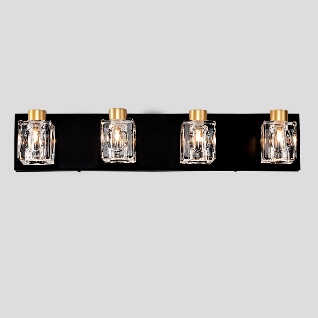 4-Light Matte Black + Gold Bathroom Light Fixtures, Modern Vanity Lights with Crystal Glass Shade, Vintage Light Fixture Bathroo