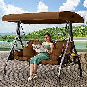 Steel Outdoor Three Seat Porch Swing With Adjustable Canopy