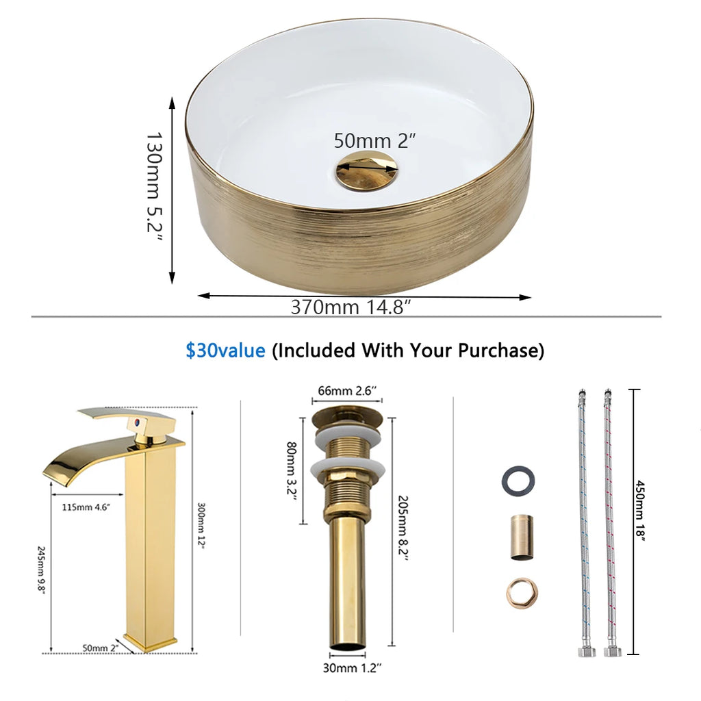 KEMAIDI 14.6'' Gold Round Vessel Sink with Faucet Ceramic Vessel Sink Bathroom Sinks Above Counter Vessel Sink Counter top Sink