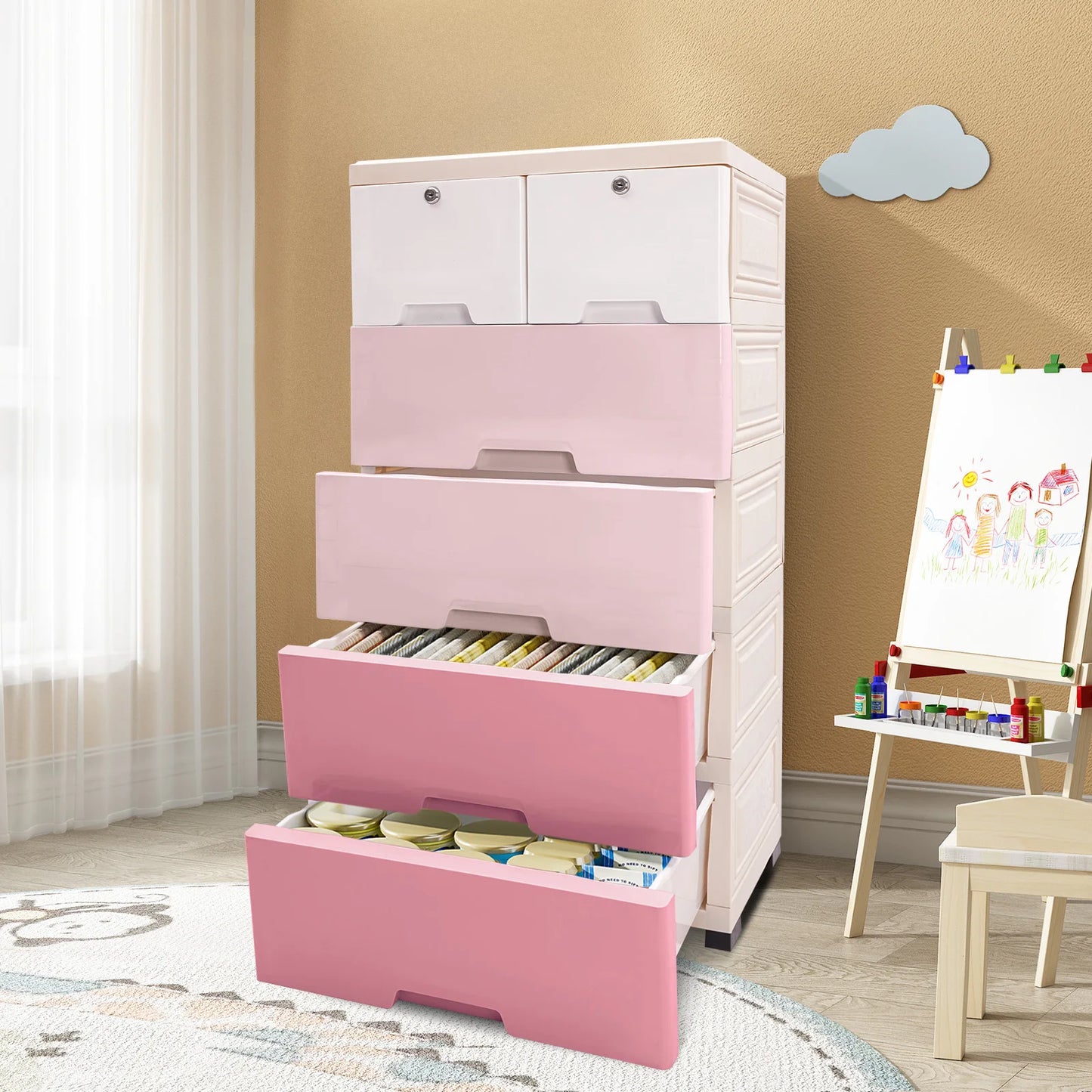 Gradient Pink Plastic Storage Cabinet W/ 6 Drawers - Dresser Organizer for Closet, Bedroom & Office - Modern PP Drawers Dresser