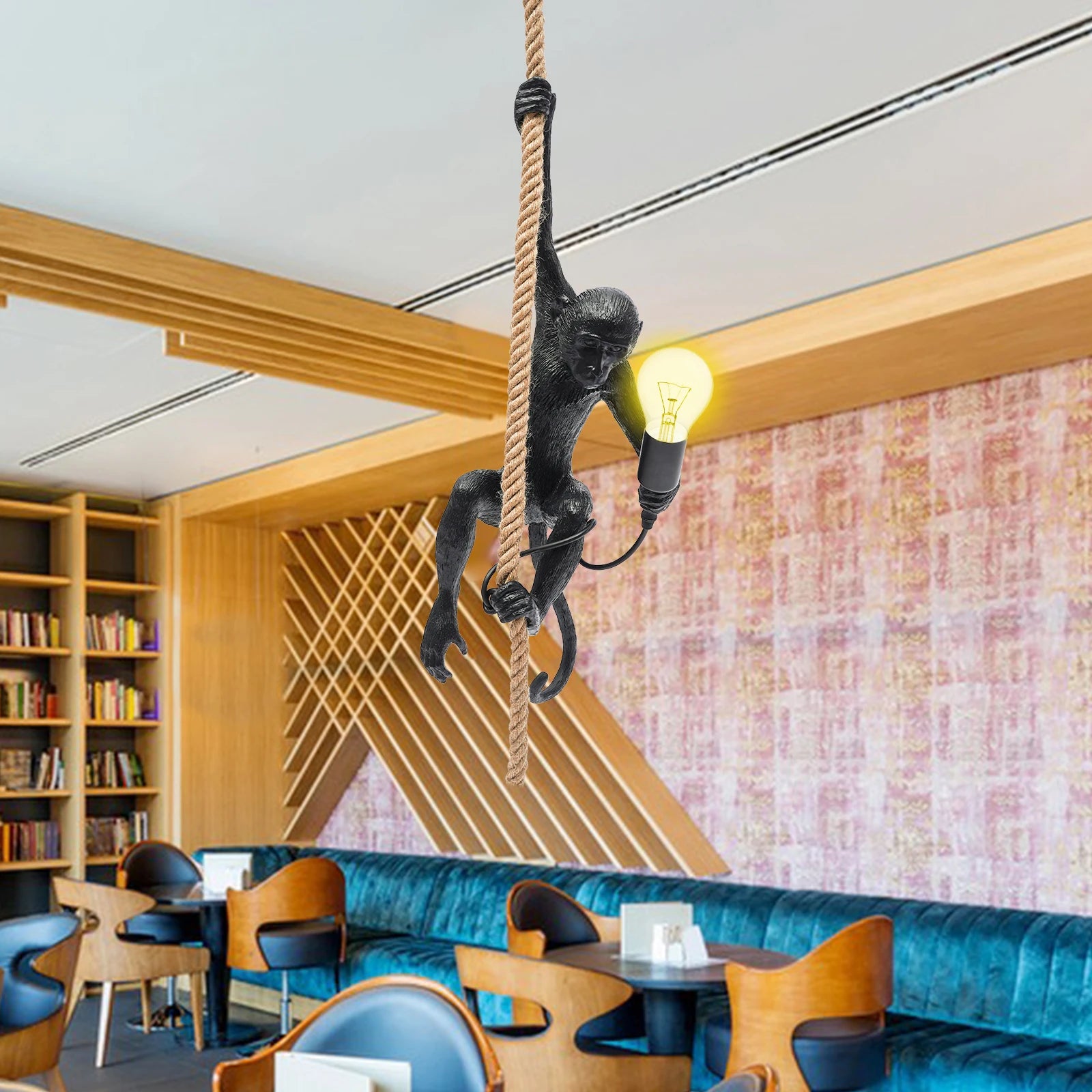 Monkey Pendant Light With Adjustable Hemp Rope And Resin Detail