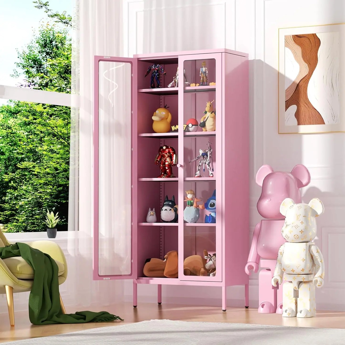 Pink Glass Door Storage Cabinet with 4 Adjustable Shelves - Modern Tall Cabinet for Home Office, Living Room, Pantry