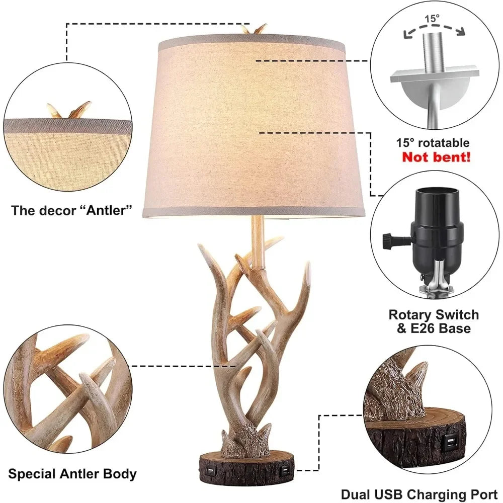 XMSJB Rustic Western Table Lamp Pair With USB Ports