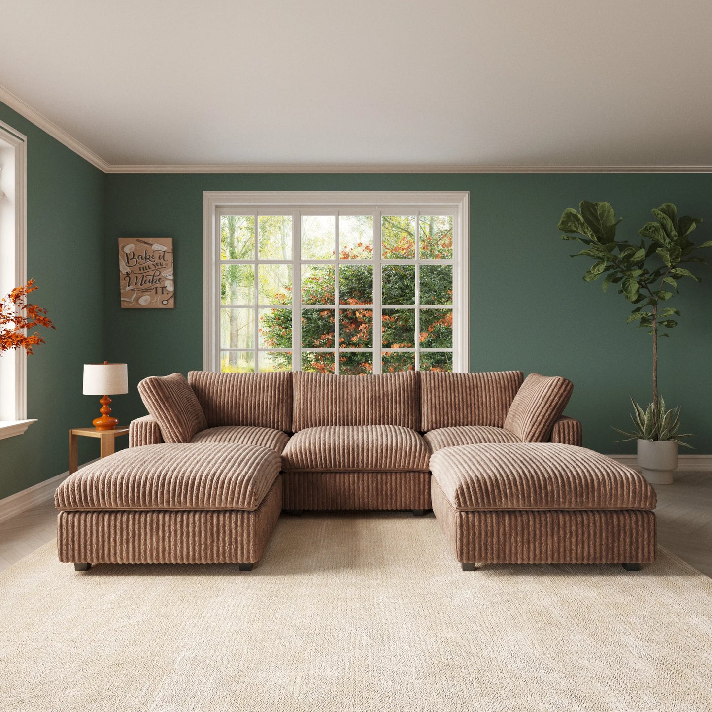 118'' Comfy Plush Fabric Sectional Sofa Couch Modula U-shape Upholstered Couch 3 Seats with 2 Ottomans for Living Room Sofa Set