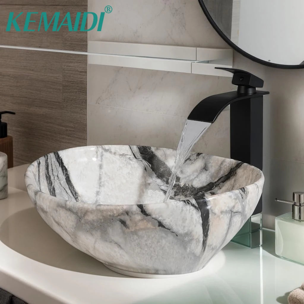 KEMAIDI Oval Vessel Sink Ceramic Bathroom Sink with Waterfall Faucet Bowl Sink White Black Marble Bathroom Sinks Above Counter