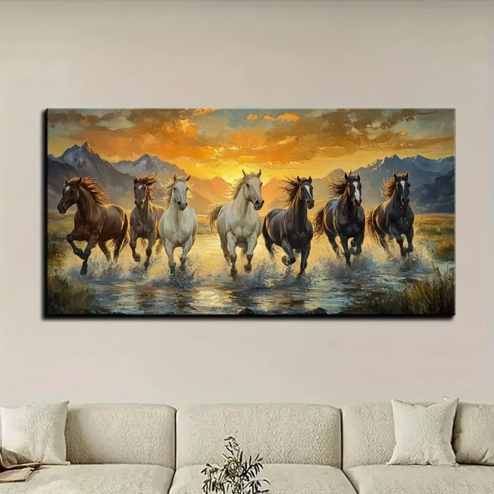 Elegant Feng Shui Seven Horse Canvas Wall Art Pine Frame