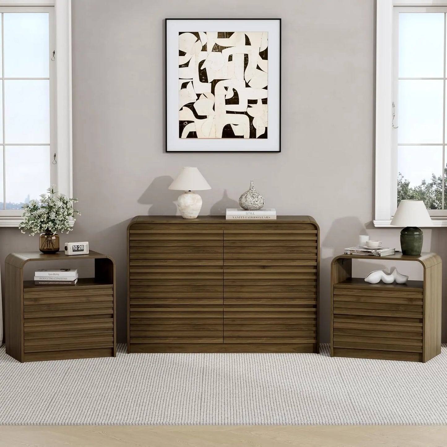 XIAOLANG 3-Piece Dresser and Nightstand Set Modern Fluted Profile