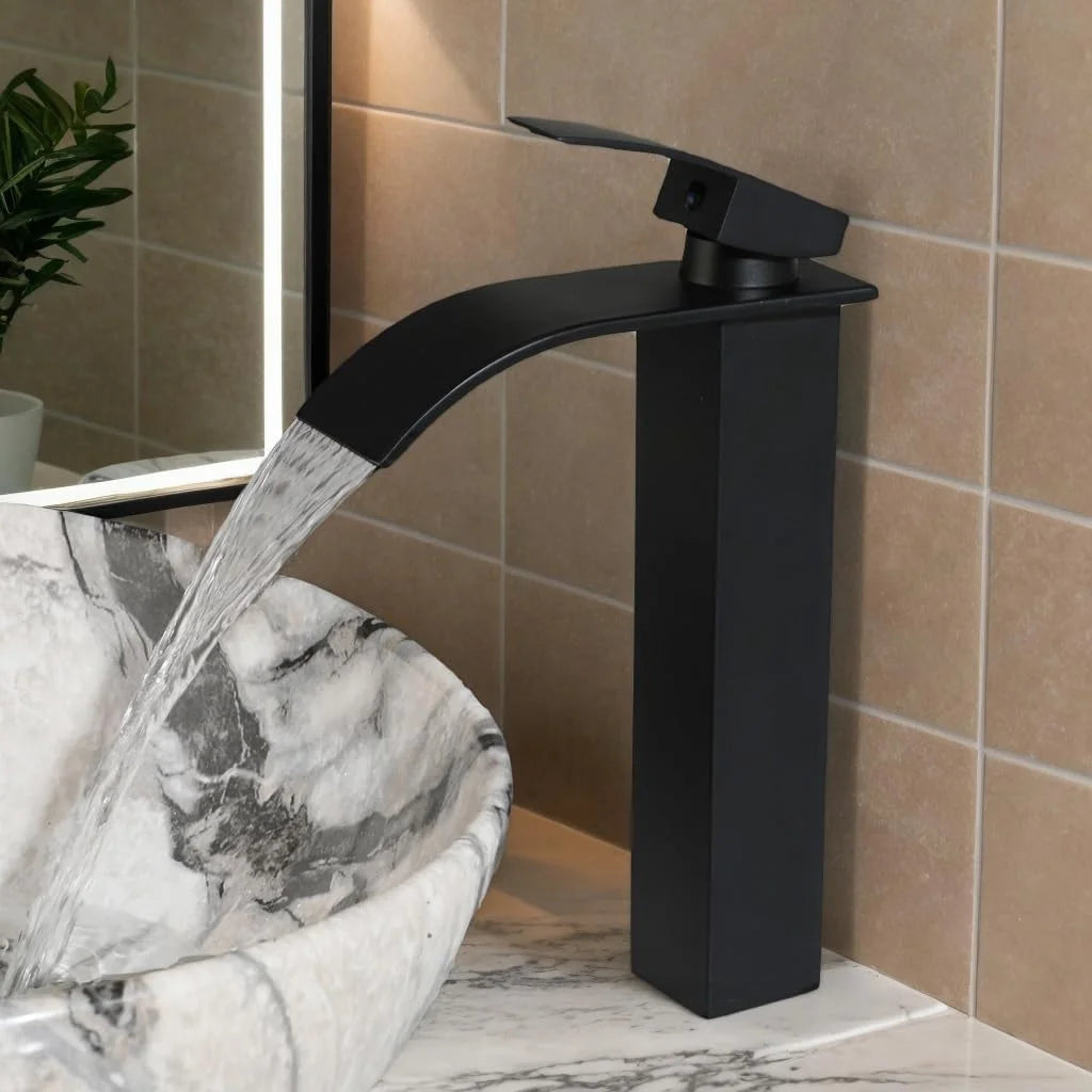 KEMAIDI Oval Vessel Sink Ceramic Bathroom Sink with Waterfall Faucet Bowl Sink White Black Marble Bathroom Sinks Above Counter