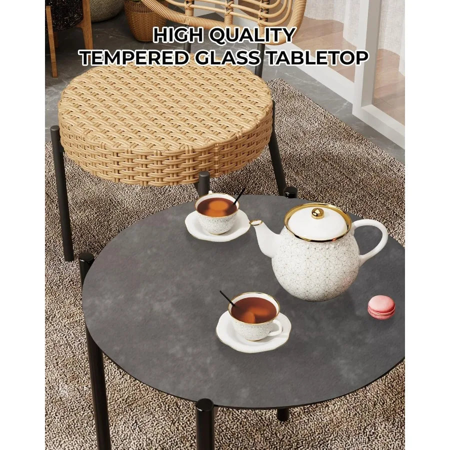Wicker Patio Bistro Set With Glass Table And Rattan Chairs