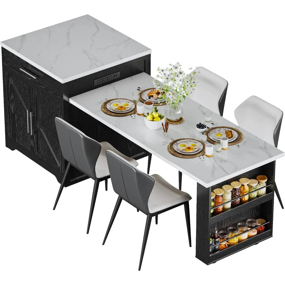 LZJV Farmhouse Rolling Kitchen Island With Extendable Table For 4-6