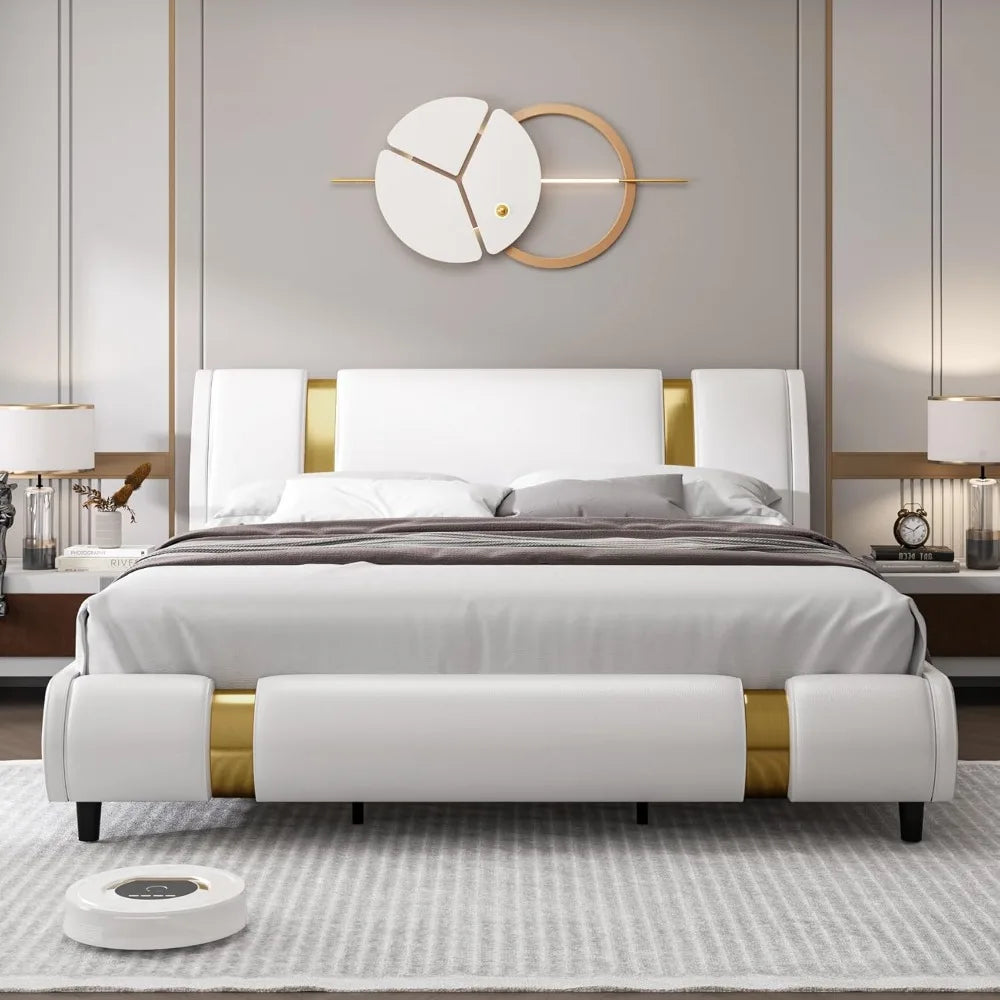 YANYING Modern Faux Leather Platform Bed Frame Golden Metal