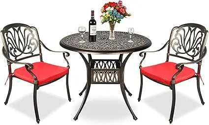DAFIFY 3 Piece All Weather Outdoor Cast Aluminum Patio Dining Set With Round Table And Chairs