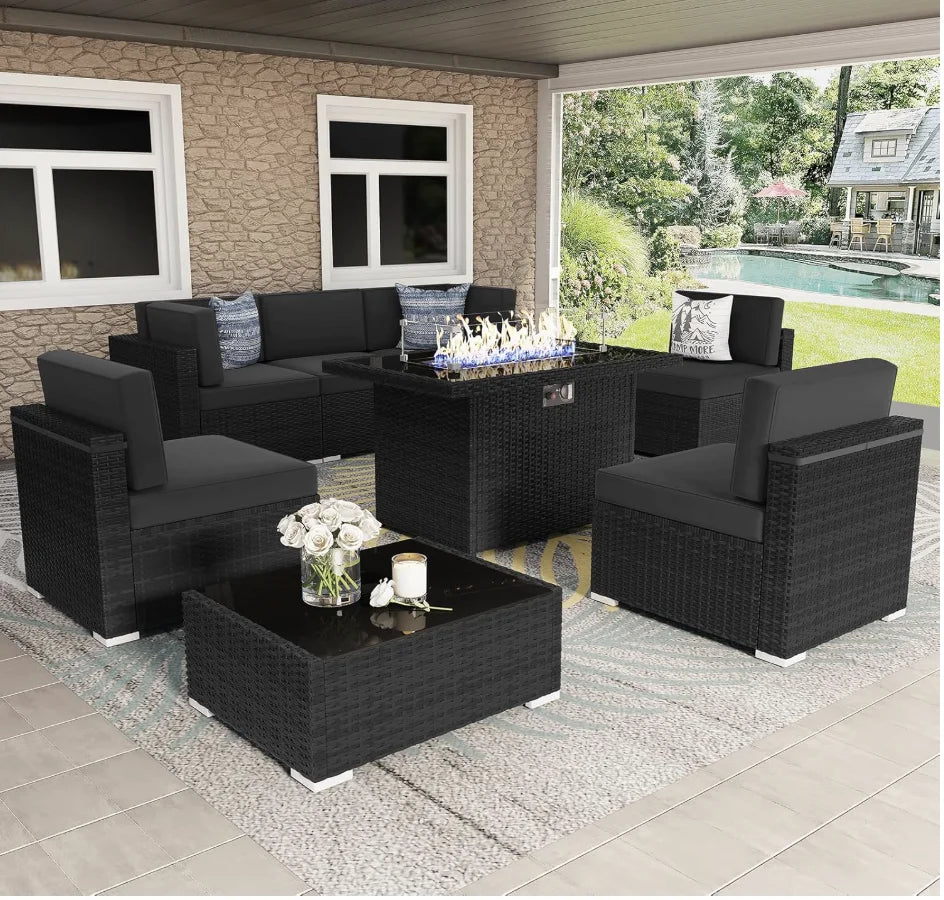General Use 8 Piece Patio Set 44 Inch Propane Fire Pit