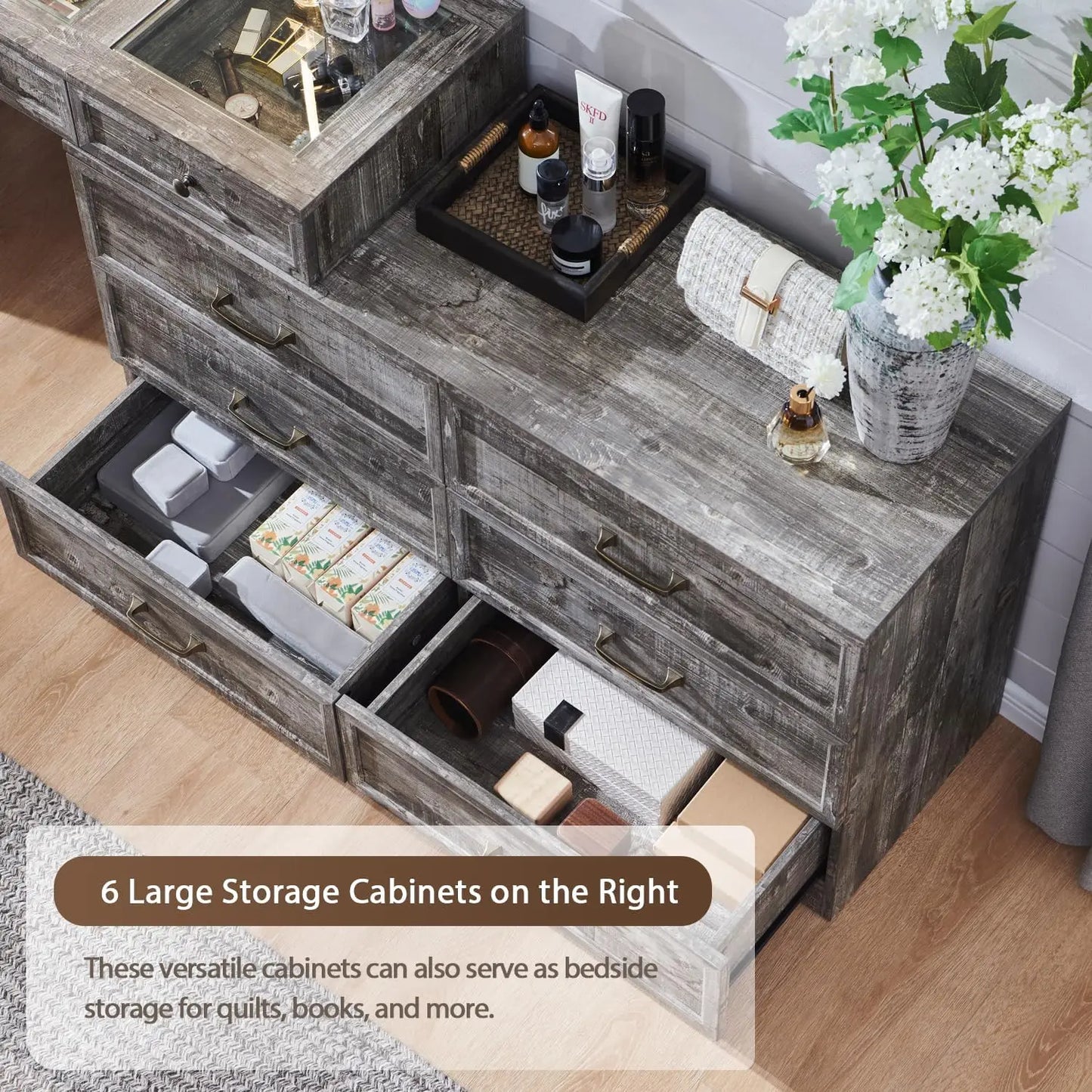 GYROOR Rustic Wood Dresser With Glass Top And Mirror