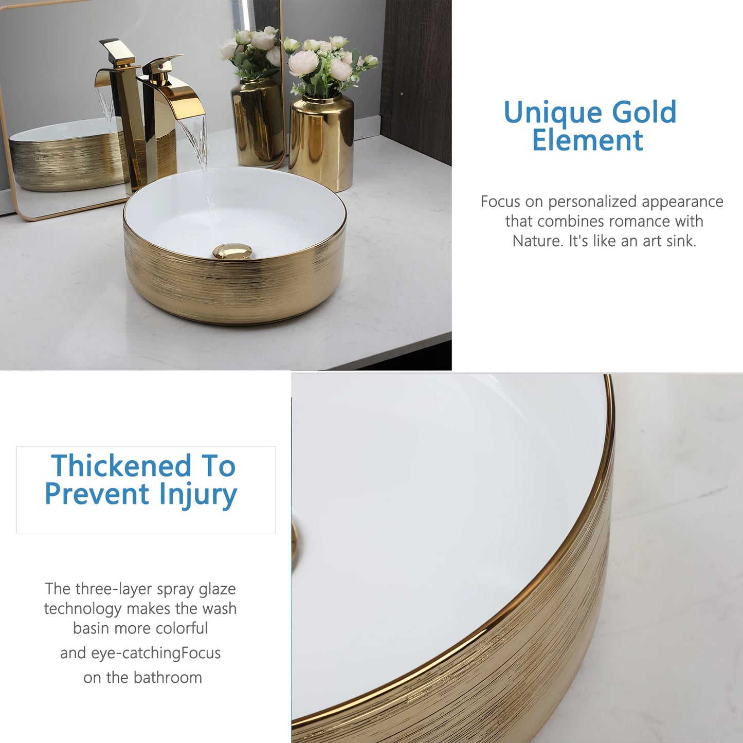 KEMAIDI 14.6'' Gold Round Vessel Sink with Faucet Ceramic Vessel Sink Bathroom Sinks Above Counter Vessel Sink Counter top Sink