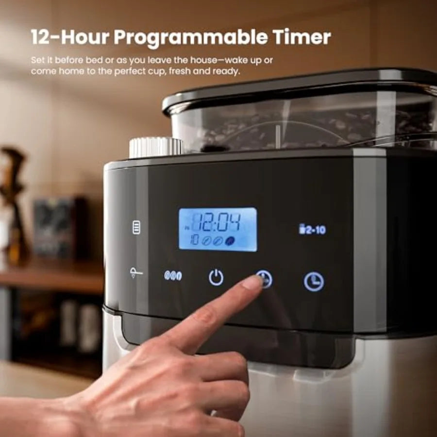 10-Cup Digital Drip Coffee Maker with Built-In Grinder 12-Hour Timer Programmable 1.5L Water Tank Keep-Warm Function Combo Brew