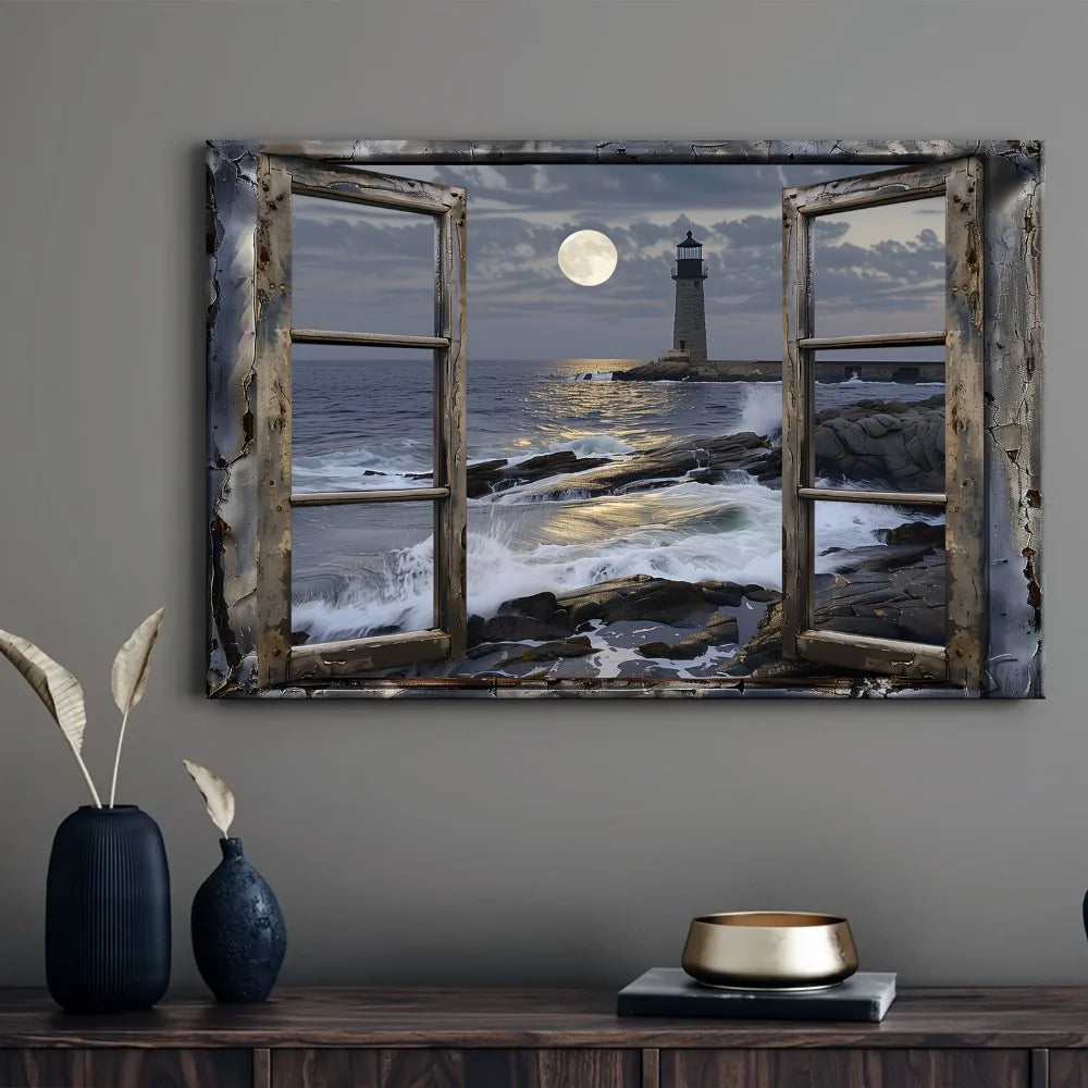 Coastal Lighthouse Beach Mural In Pine Wood Frame Wall Art