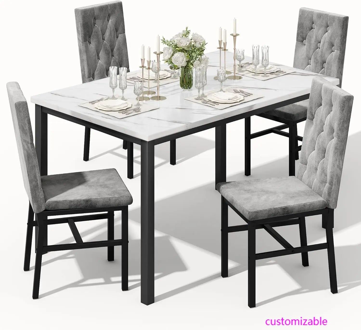 Hooseng Dining Table Set For 4 Faux Marble Kitchen Chairs