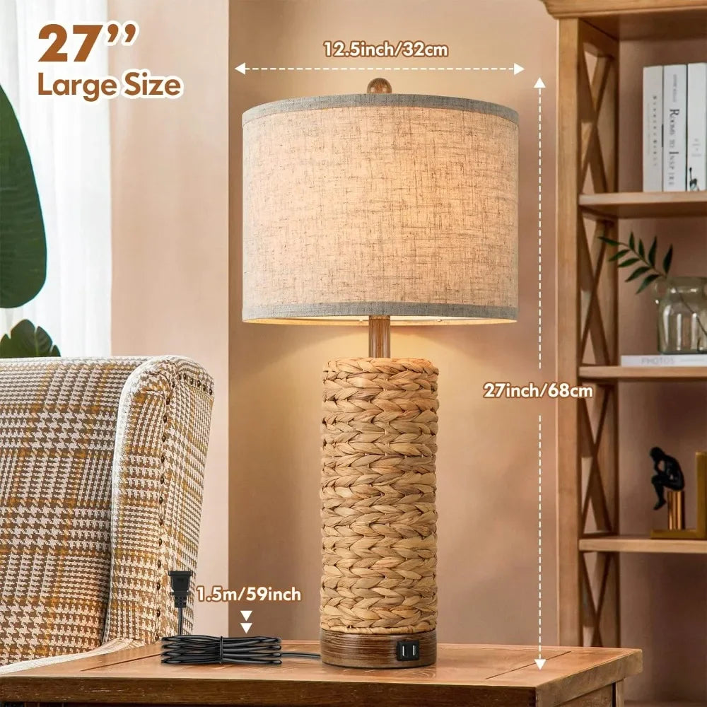 Customizable-Set Of 2 Rattan Table Lamps For Living Room With 2 USB Ports, 27in Tall Bedroom Lamp Costal Farmhouse, Rustic Woven
