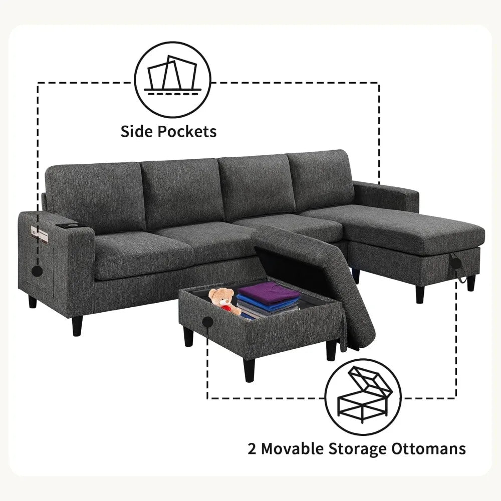 Sectional Couches for Living Room, 6-Seats Soft Linen Fabric Sectional Sofa with Storage Ottoman, Modern Convertible U/L Shaped