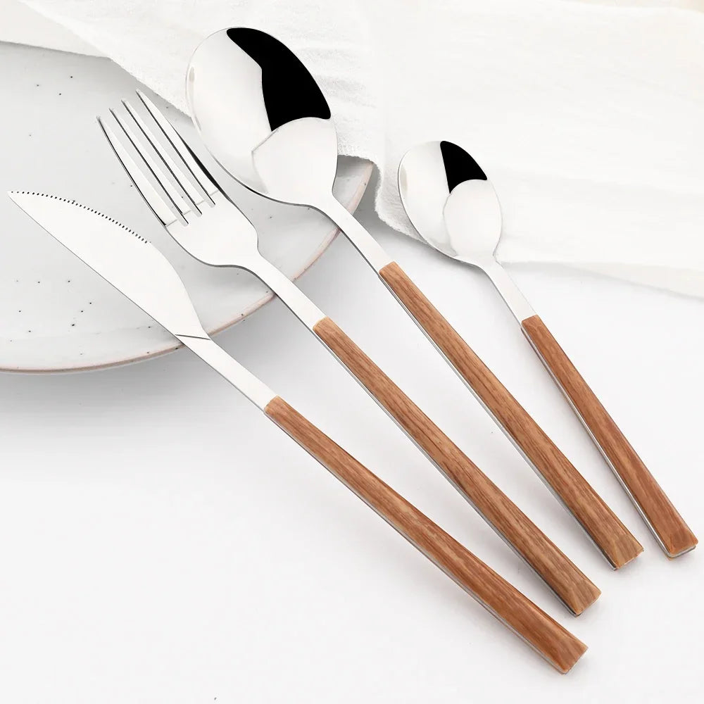 Pinkten 16/24/30Pcs Stainless Steel Imitation Wood Handle Cutlery Set