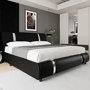 YANYING Modern Faux Leather Platform Bed Frame Golden Metal