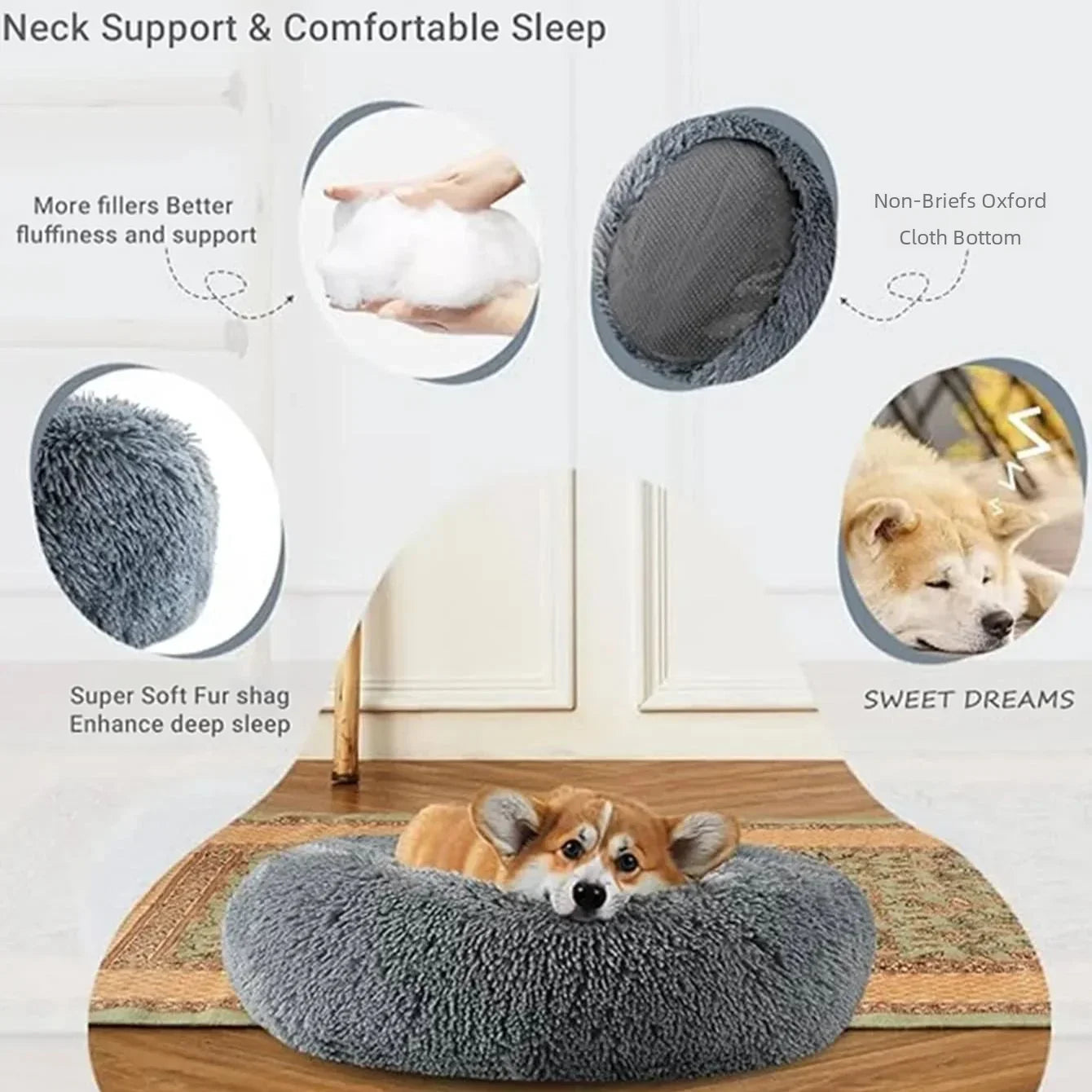 Round Plush Pet Bed For Dogs Fleece Comfort Warm Cozy