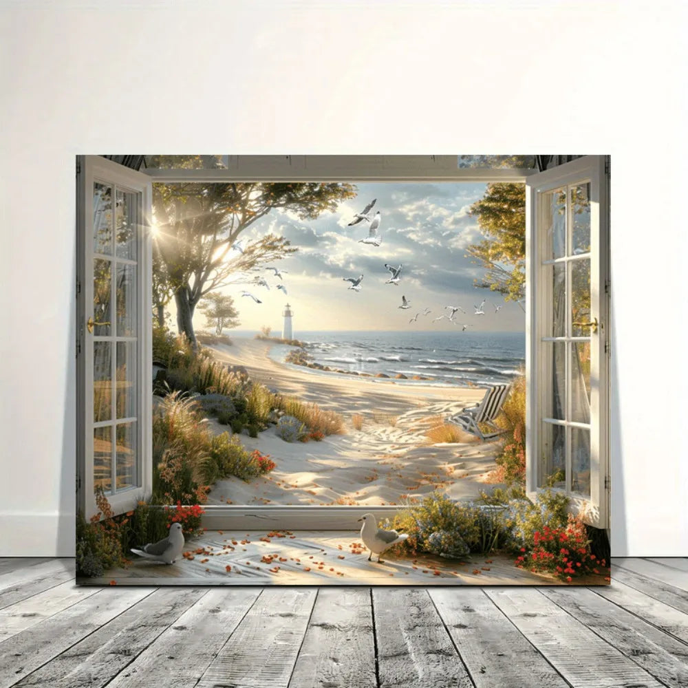 Coastal Lighthouse Seascape Canvas Art In Pine Wood Frame