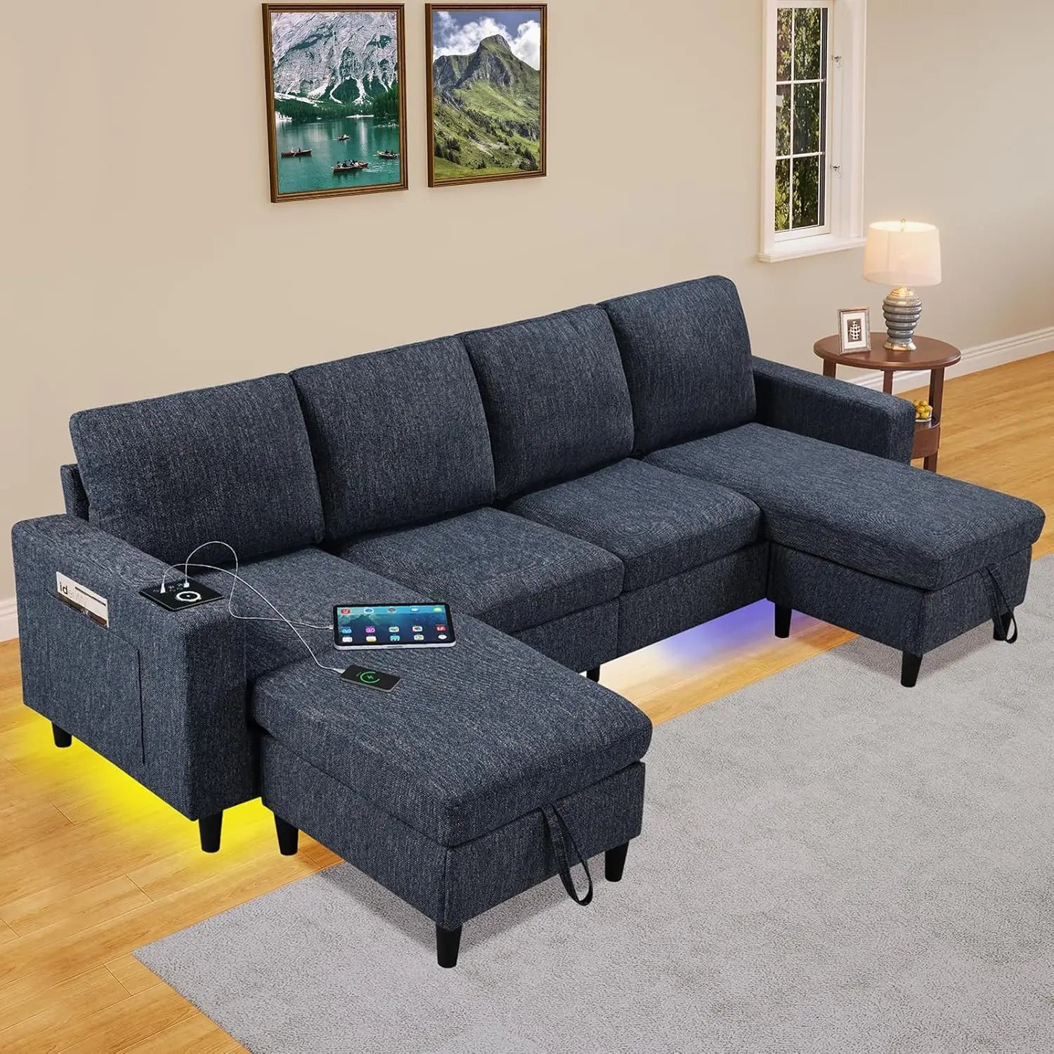 Sectional Couches for Living Room, 6-Seats Soft Linen Fabric Sectional Sofa with Storage Ottoman, Modern Convertible U/L Shaped