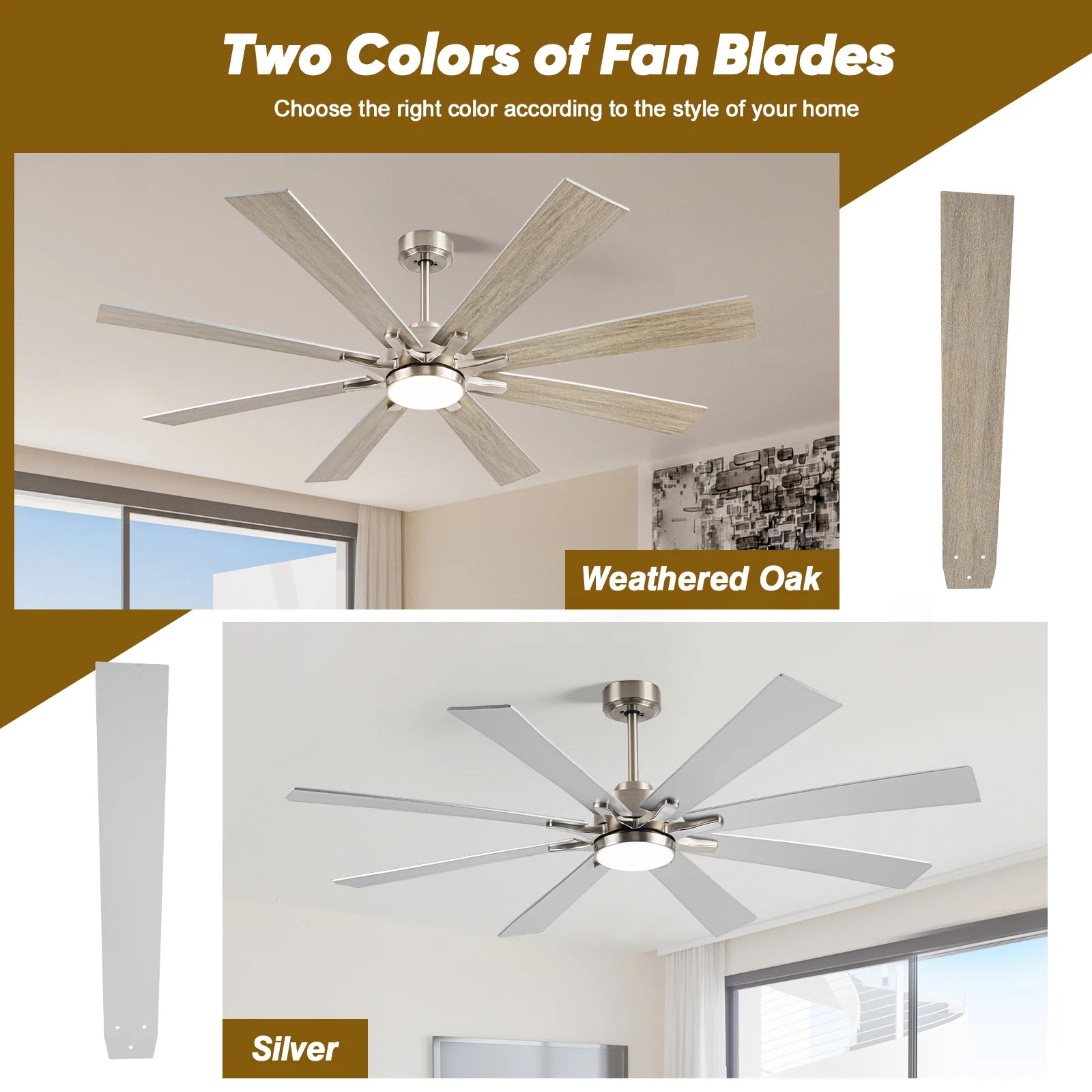 62/72-inch Industrial Ceiling Fan with Light 8 Blades Noiseless Reversible DC Motor High CFM Fan for Workshop Patios Bedroom