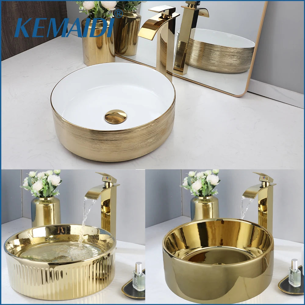 KEMAIDI 14.6'' Gold Round Vessel Sink with Faucet Ceramic Vessel Sink Bathroom Sinks Above Counter Vessel Sink Counter top Sink