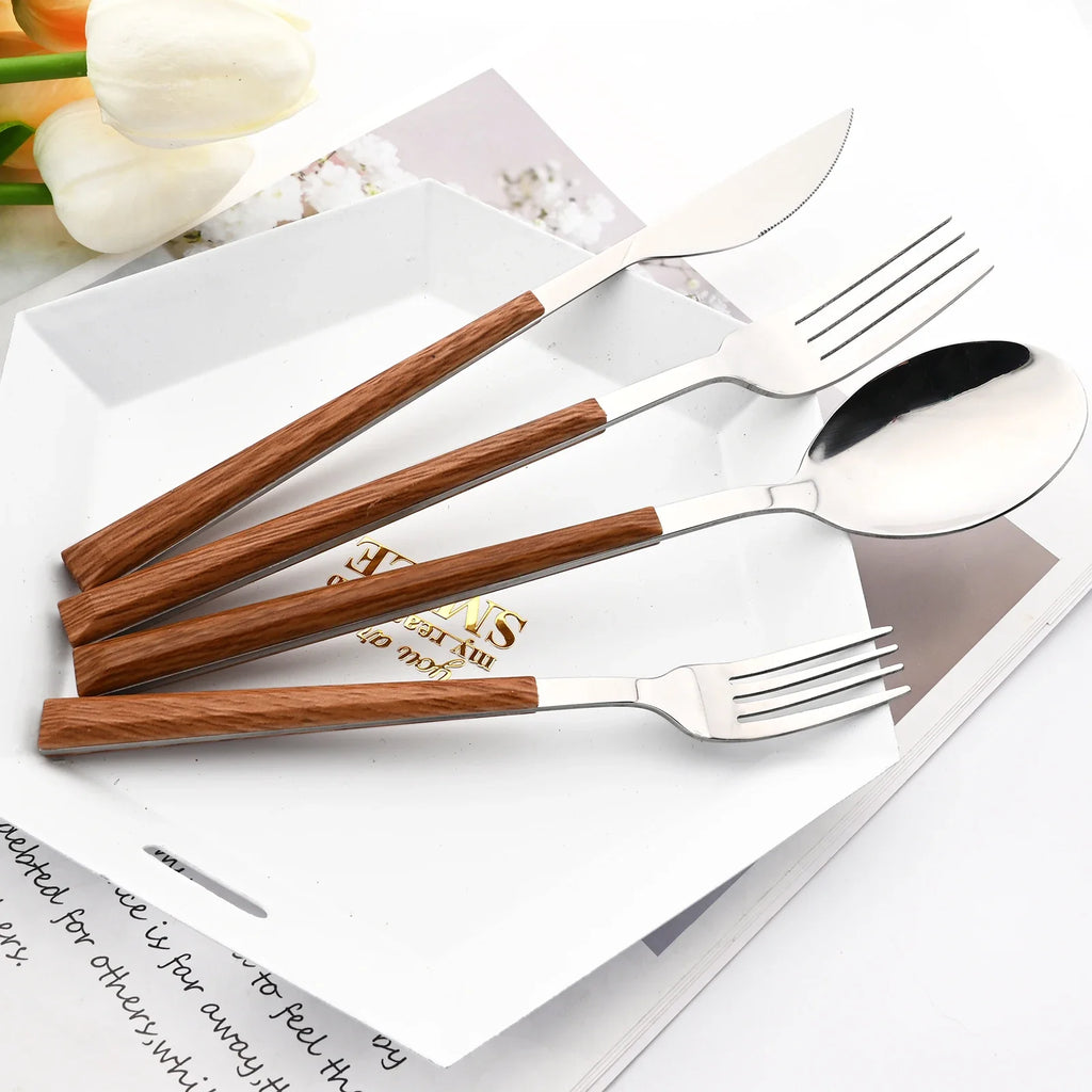 Pinkten 16/24/30Pcs Stainless Steel Imitation Wood Handle Cutlery Set