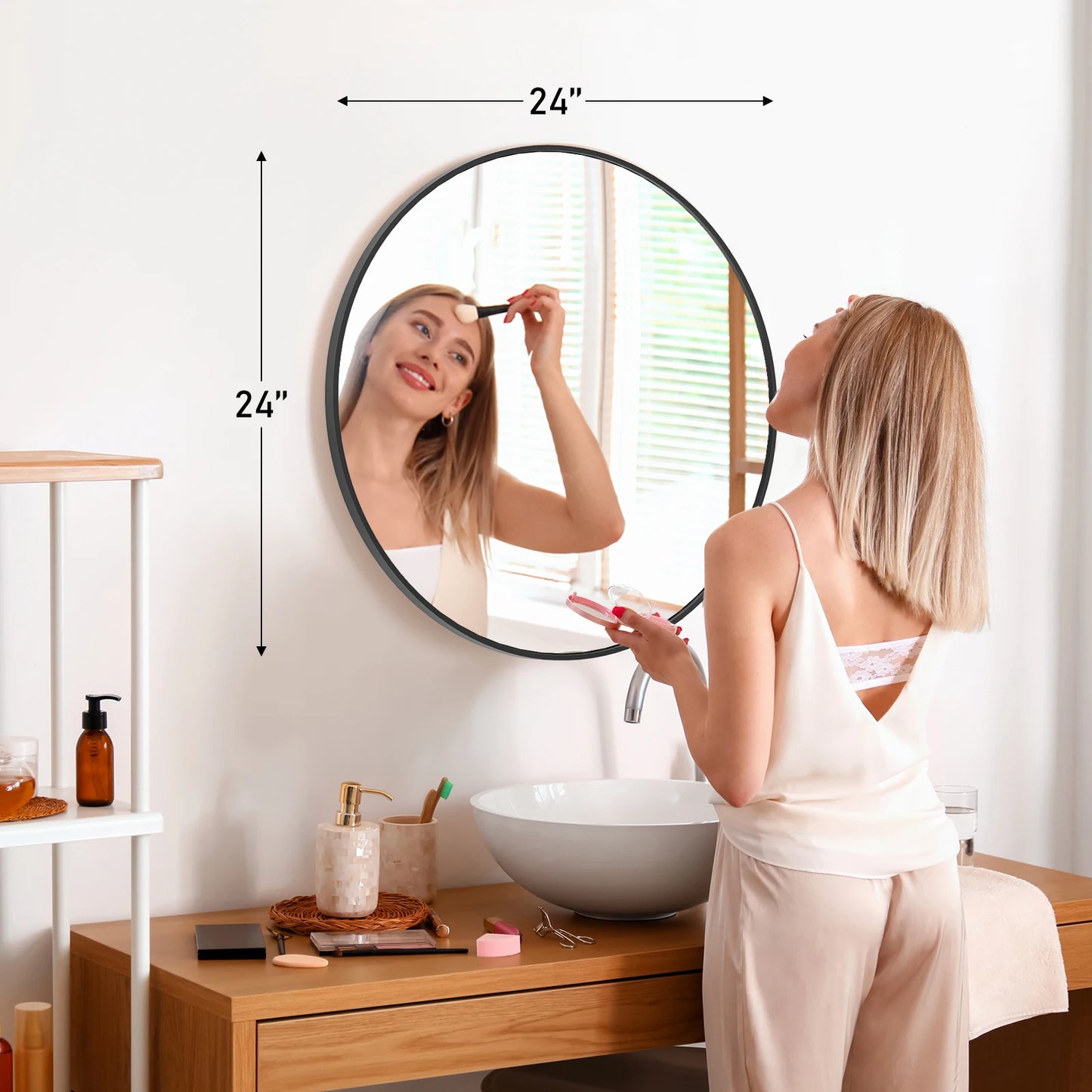 JHK 30 Inch Large Gold Round Vanity Framed Mirror for Wall Matte Metal Framed Modern Mirror Tempered Glass Bedroom Living Room