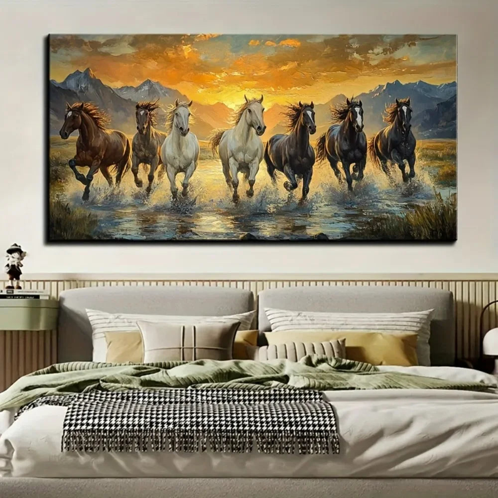 Elegant Feng Shui Seven Horse Canvas Wall Art Pine Frame