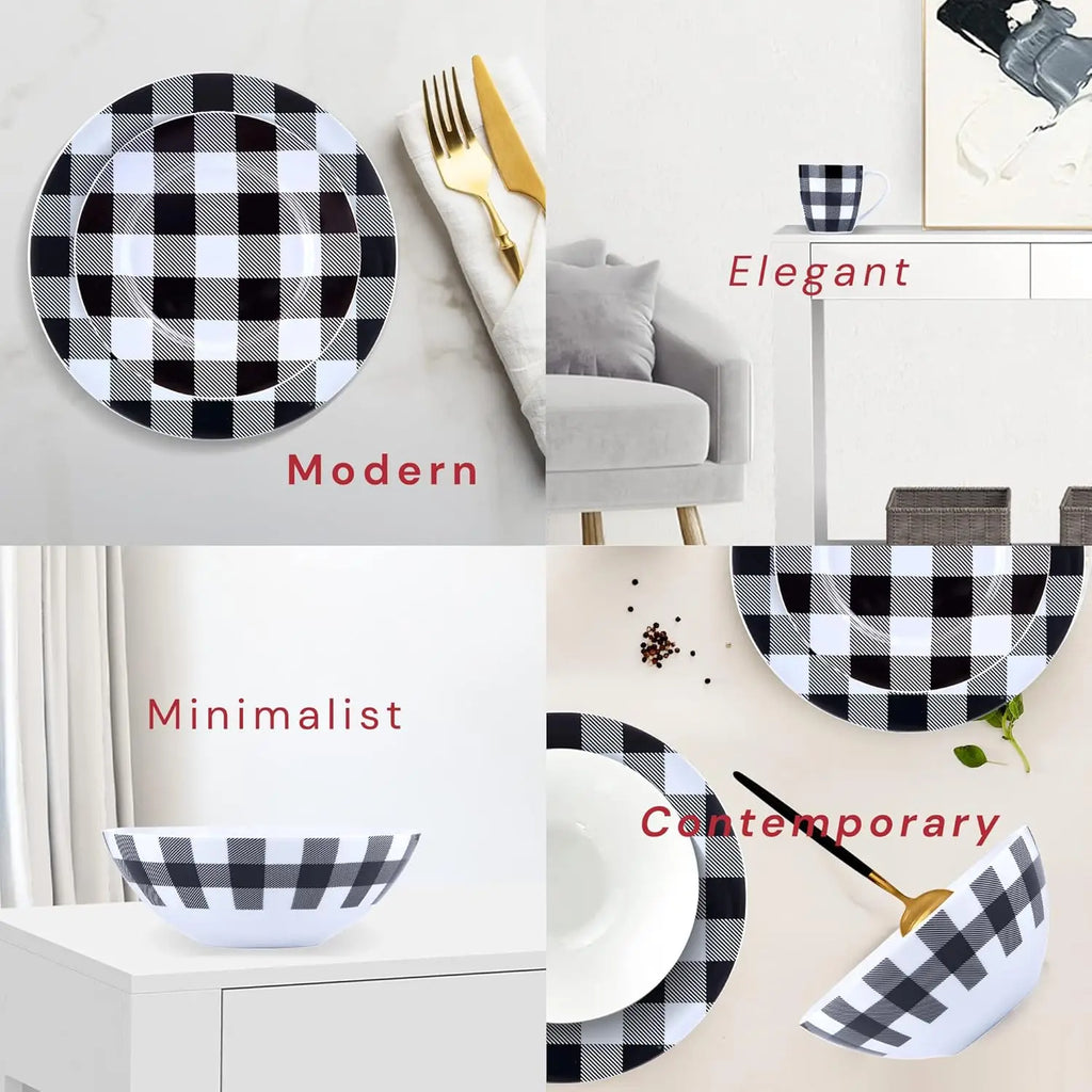 Dishwasher Safe Plaid Dinnerware Set with Mugs for Everyday Use