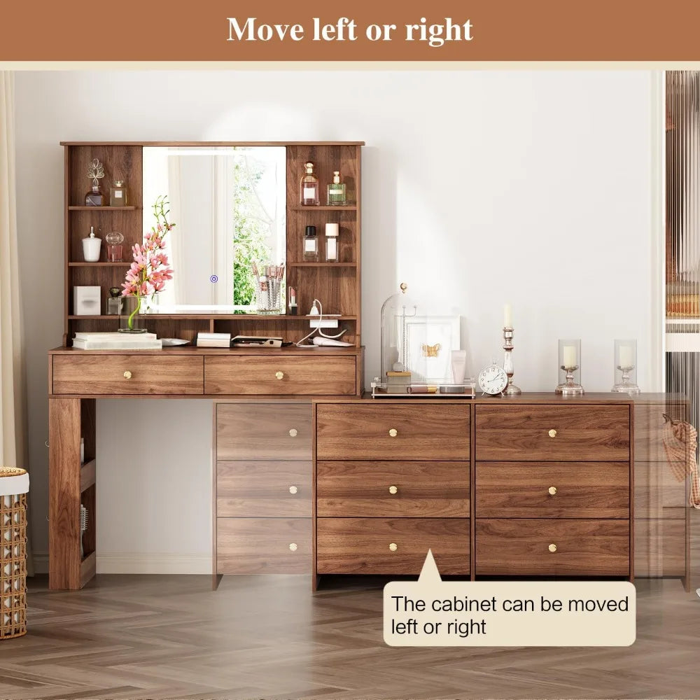 Vanity Desk With Mirror Lights And Eight Drawers Storage Shelves