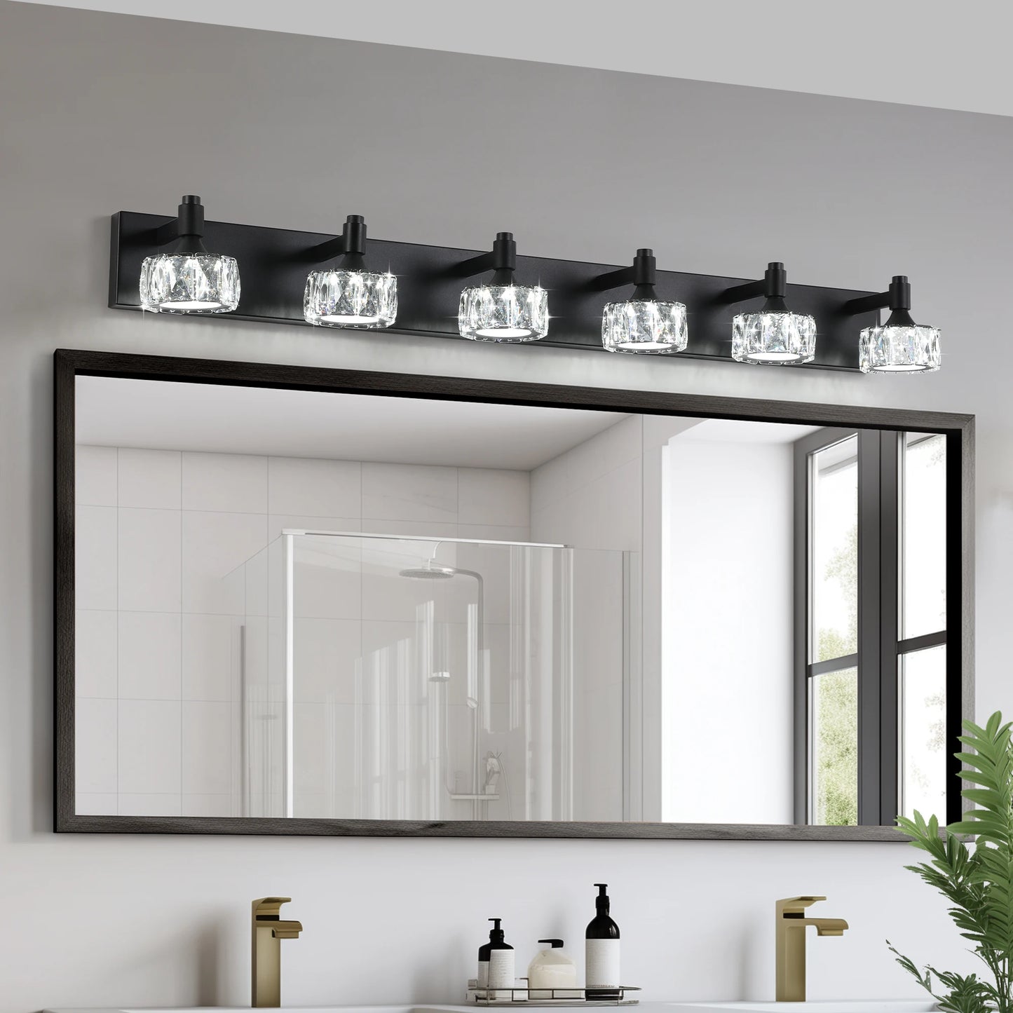LED Vanity Light Modern 6-Light Matte Black Fixture with Crystal Glass Shades, Bathroom Wall Sconce for  Contemporary Home Decor