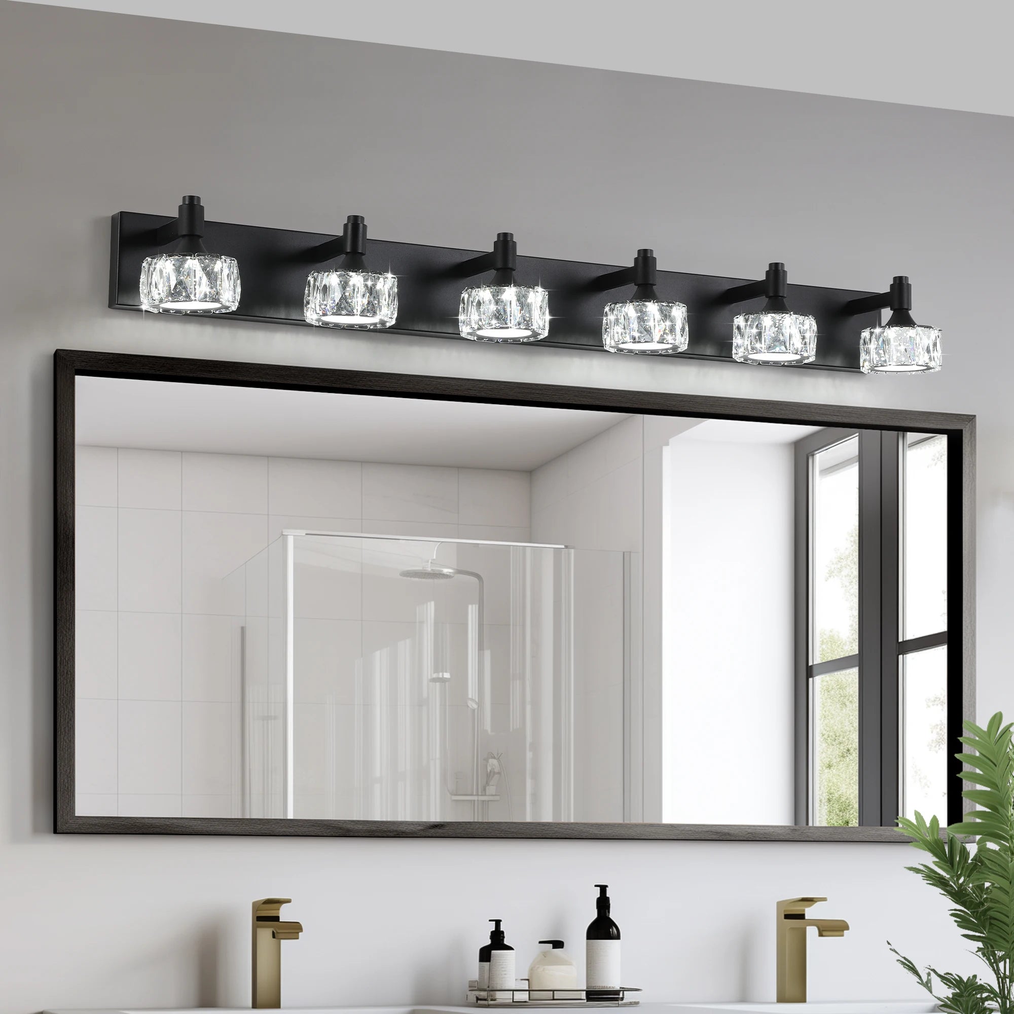 LED Vanity Light Modern 6-Light Matte Black Fixture with Crystal Glass Shades, Bathroom Wall Sconce for  Contemporary Home Decor