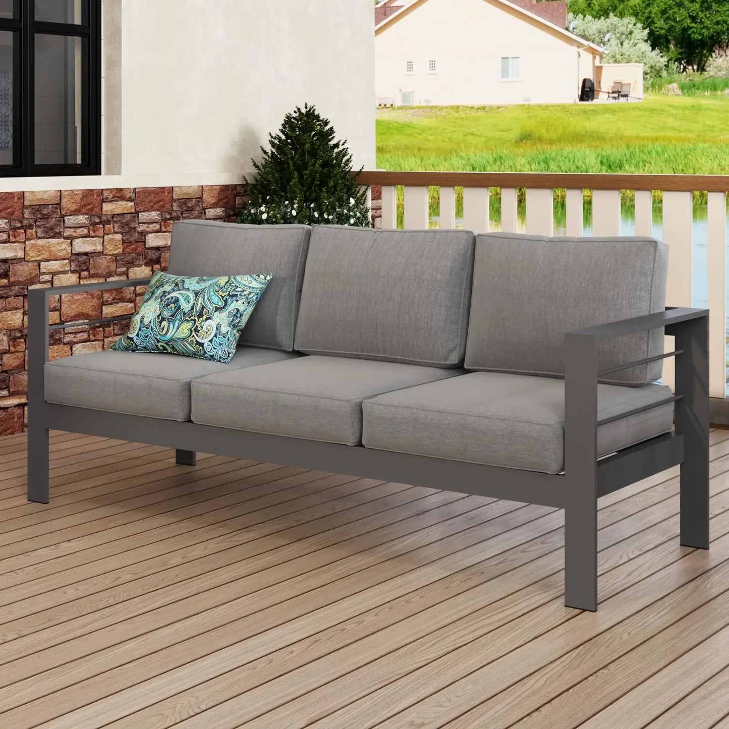 General Use Outdoor Patio Sofa Three Seater Metal Frame With Cushions