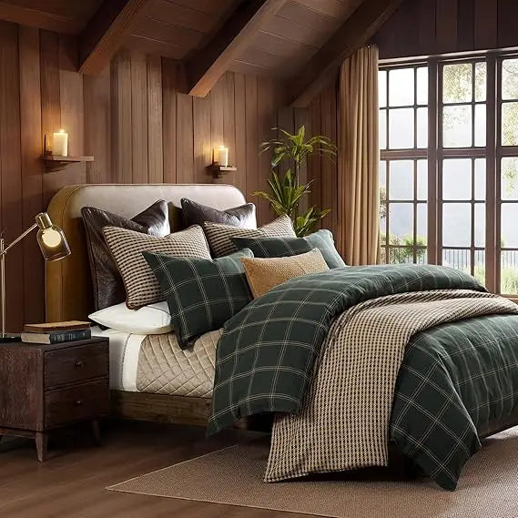 HiEnd Accents Windowpane 3 Piece Queen Size Plaid Comforter Set, Hunter Green Masculine Bedding Set, Classic Modern Rustic Cabin
