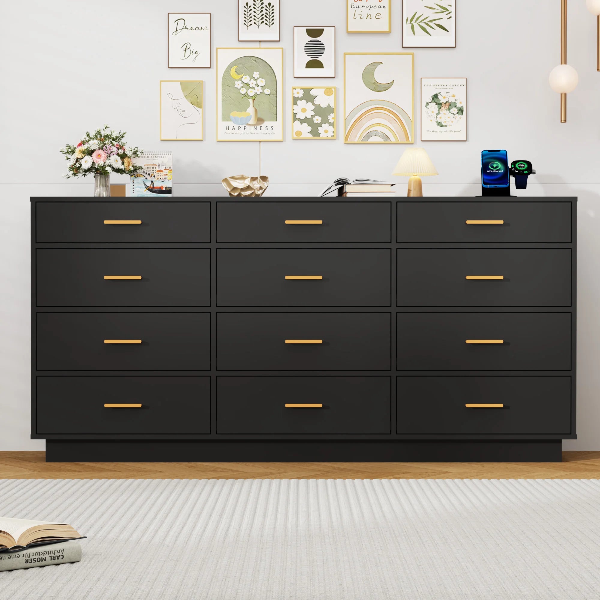 QiaoShiRen Modern Chest Of Drawers With Power Outlets LED